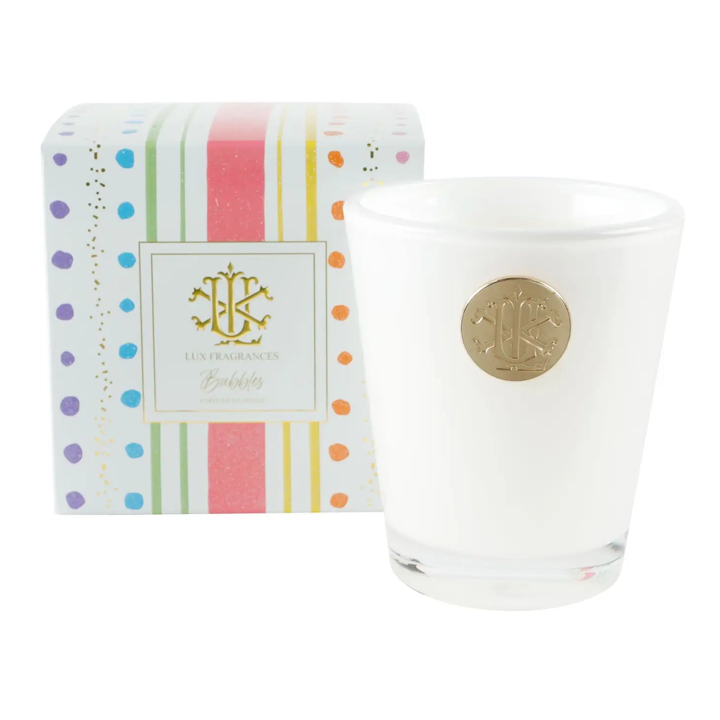 Lux Fragrances Bubbles Celebration - 8 oz Designer Boxed Candle available at The Good Life Boutique
