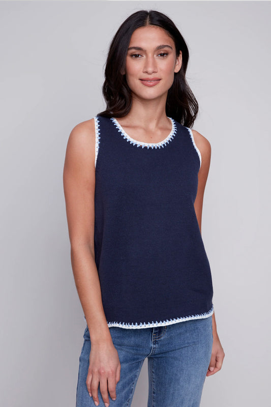 Charlie B Charlie B - Crew-Neck Knit Cami-Crochet Edges - Navy available at The Good Life Boutique