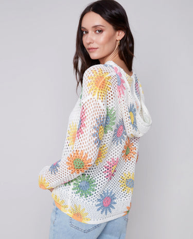 Charlie B Charlie B - Printed Fishnet Hoodie Sweater - Daisies available at The Good Life Boutique