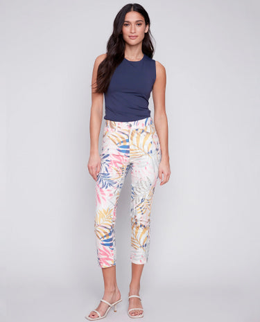 Charlie B Charlie B - Printed Zip Ankle Denim Pant - Leaf available at The Good Life Boutique