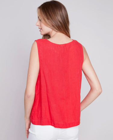 Charlie B Charlie B - Sleeveless Linen Top W/Side Buttons Cherry available at The Good Life Boutique