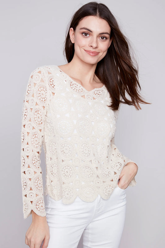 Charlie B Charlie B - Solid Notch Neck Long Slv Crochet Top - Natural available at The Good Life Boutique