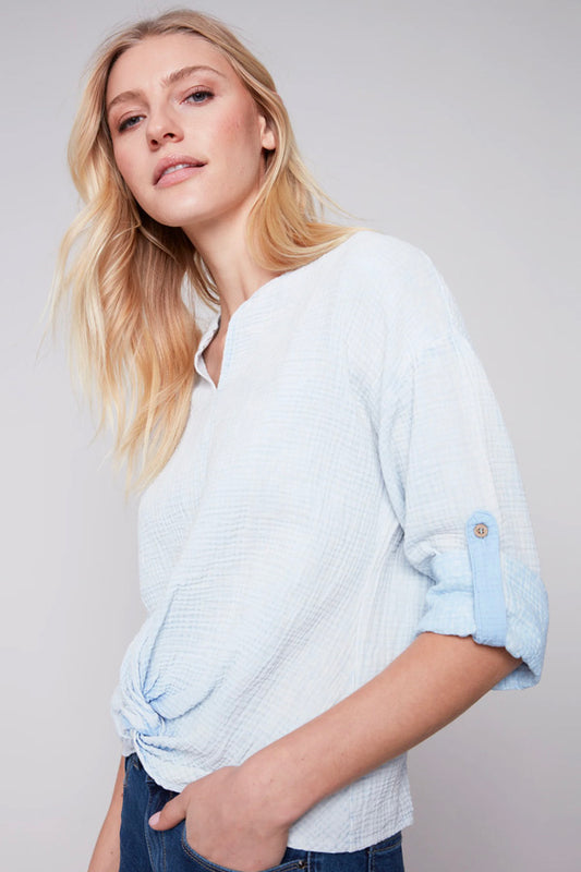 Charlie B Charlie B - Long Sleeve Shirt With Button & Knot - Sky available at The Good Life Boutique