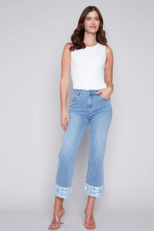Charlie B Charlie B - Printed Cuffed Ankle Denim Pant - Lt. Blue available at The Good Life Boutique