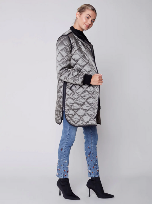 Charlie B Charlie B - Iridescent Quilted Jacket -Zip Front - Spruce Green available at The Good Life Boutique