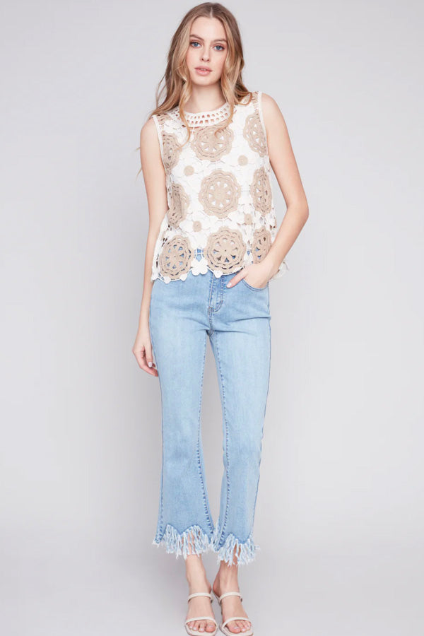 Charlie B Charlie B - Sleeveless Floral Pattern Crochet Top - Dune available at The Good Life Boutique