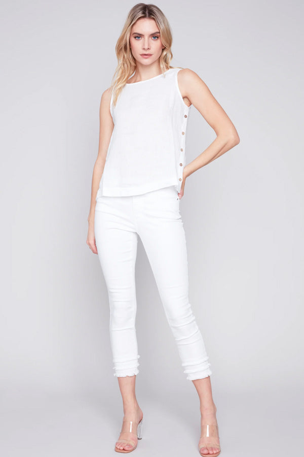 Charlie B Charlie B - Sleeveless Linen Blouse w/ Side Buttons- White available at The Good Life Boutique