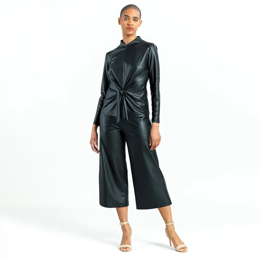 Clara Sunwoo Clara Sunwoo - Liquid Leather Knit Top Center Tie Detail Black available at The Good Life Boutique