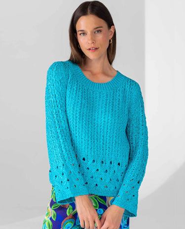Lisette Lisette - Kiara 23 1/2", 3/4 Sleeve Crochet Sweater - Turquoise available at The Good Life Boutique