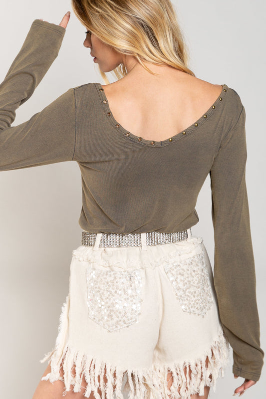 POL Clothing Long Sleeve V-Neck Top With Stud Detail - Hurricane Grey available at The Good Life Boutique