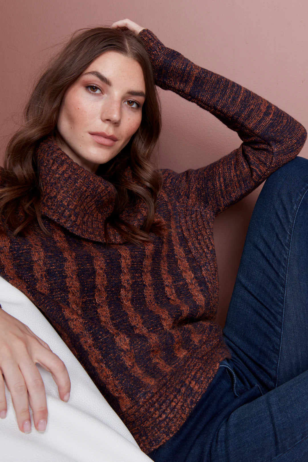 Charlie B Charlie B - Two Tone Cable Knit Turtleneck Sweater - Cinnamon available at The Good Life Boutique