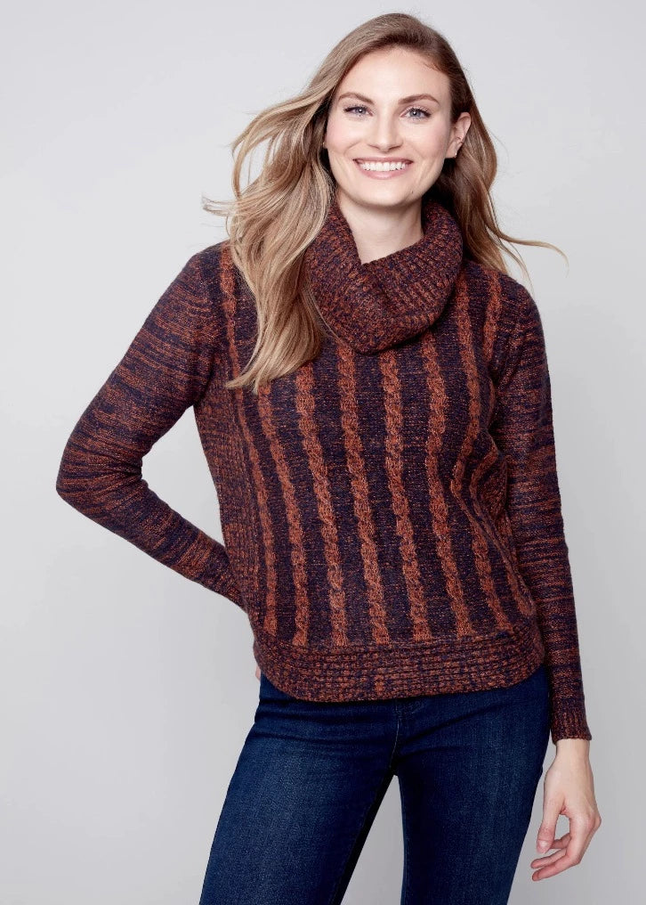Charlie B Charlie B - Two Tone Cable Knit Turtleneck Sweater - Cinnamon available at The Good Life Boutique