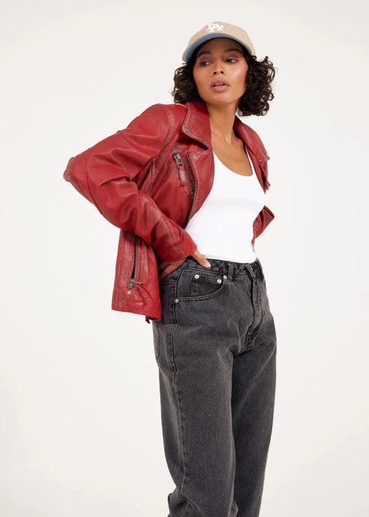 Mauritius Mauritius - Christy RF Woman's Lambskin Leather Jacket - Red available at The Good Life Boutique