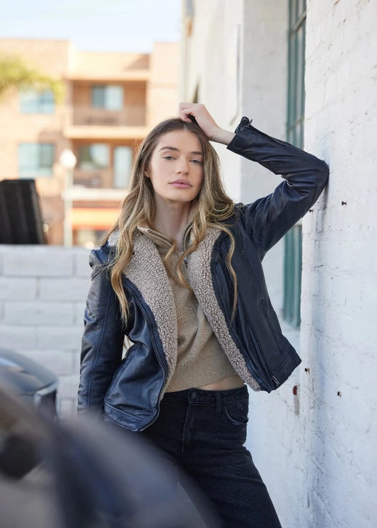 Denim style leather jacket womens online