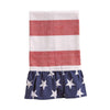 Patriotic kitchen towel with red and white stripes and navy blue ruffled hem with white stars