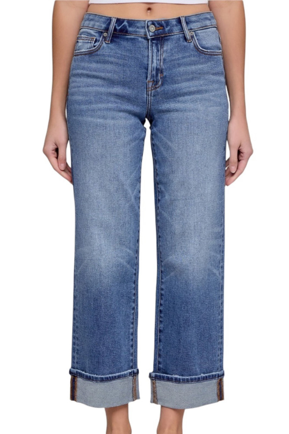 Hidden 28" Inseam Ella Mid Rise Rise Classic W/Cuffs - Medium Wash