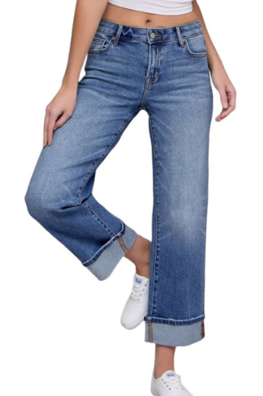 Hidden 28" Inseam Ella Mid Rise Rise Classic W/Cuffs - Medium Wash