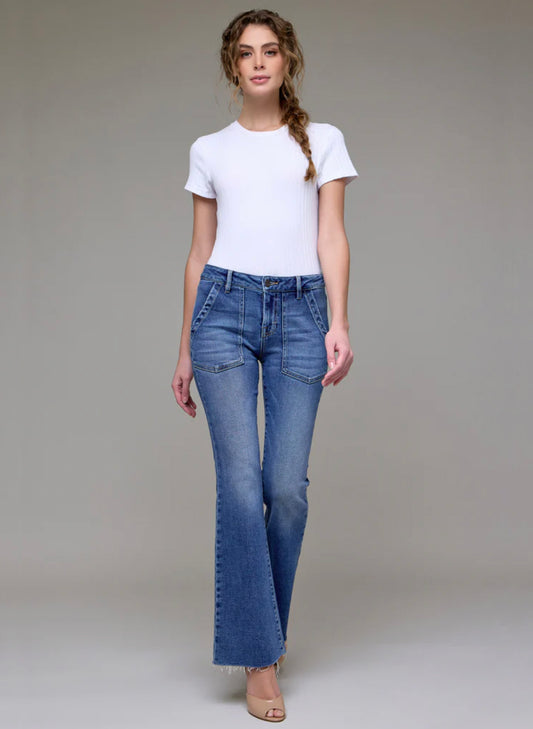 Hidden 31" Inseam Happi Flare Jean-MR W/Patch Pockets - Med Dark