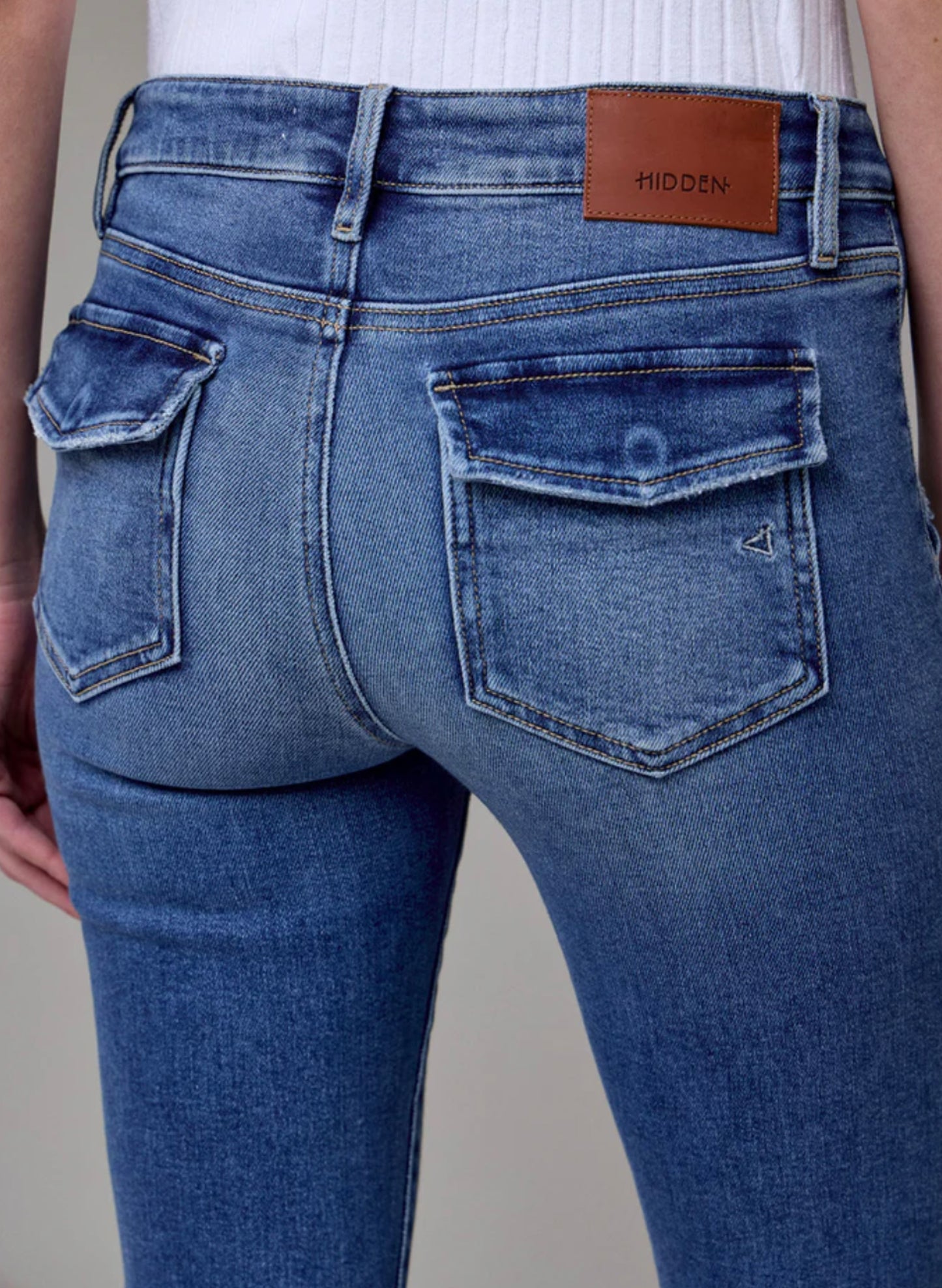 Hidden 31" Inseam Happi Flare Jean-MR W/Patch Pockets - Med Dark