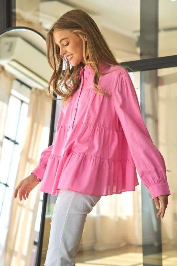 Davi&Dani Button Placket Layered Ruffle Hem Shirts Blouse- Candy Pink available at The Good Life Boutique