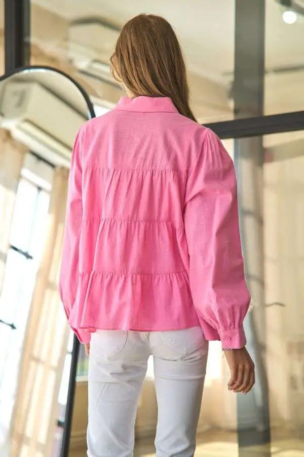 Davi&Dani Button Placket Layered Ruffle Hem Shirts Blouse- Candy Pink available at The Good Life Boutique