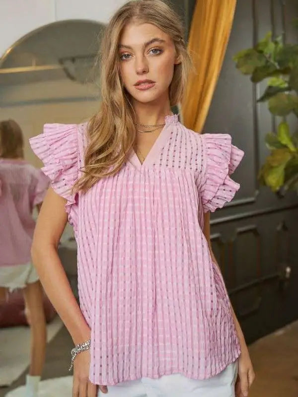 Davi&Dani Mandarin Collar Ruffle Sleeves Hem Top Blouse - Pink available at The Good Life Boutique