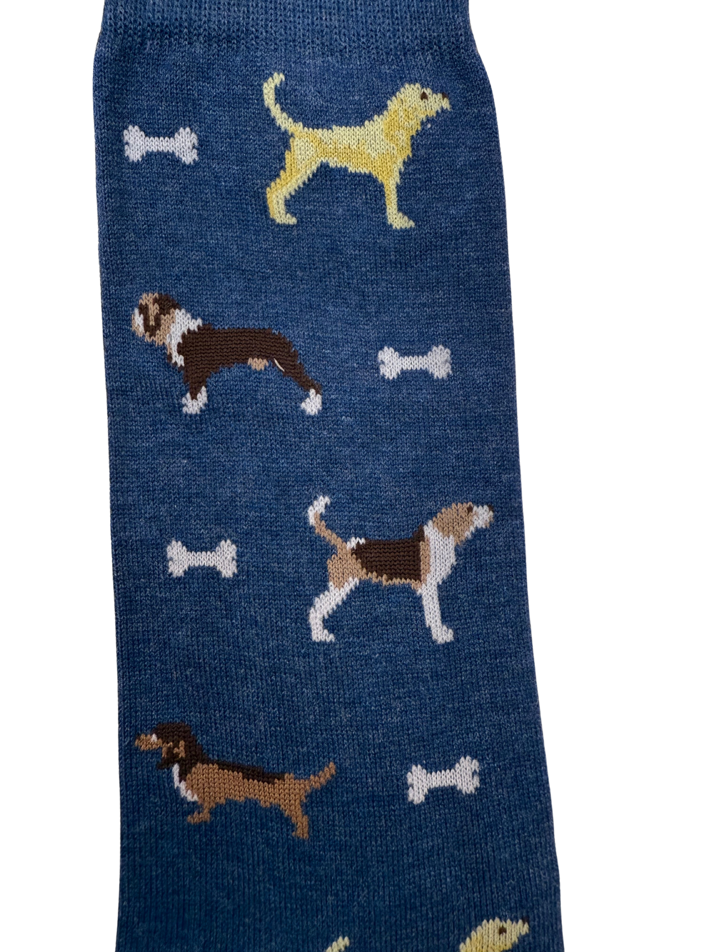 Blue knit socks with colorful dog breeds and white bone pattern design