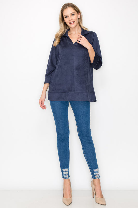 Addison Stretch Suede Top - Navy