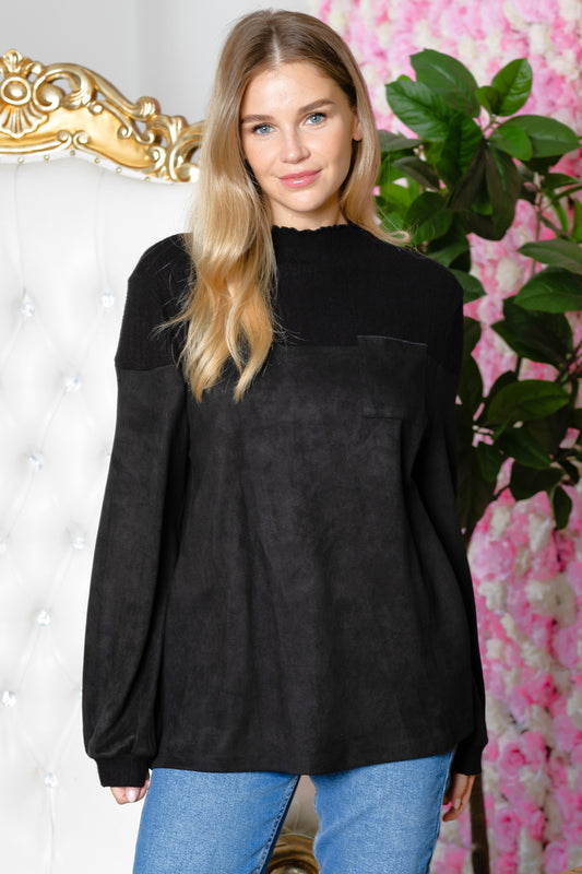 Allie Suede Top With Ribbed Knit - Black