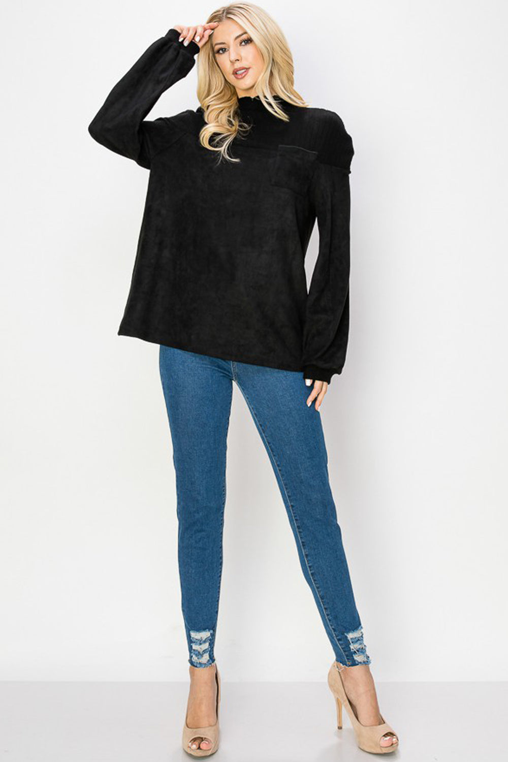 Allie Suede Top With Ribbed Knit - Black