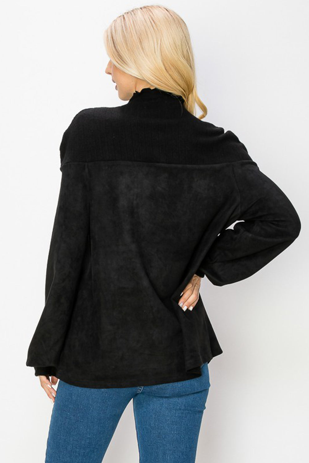 Allie Suede Top With Ribbed Knit - Black