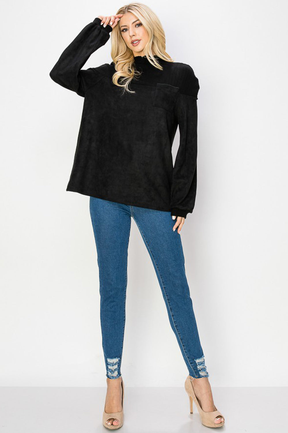 Allie Suede Top With Ribbed Knit - Black