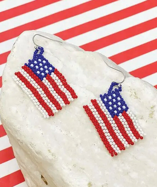 Prep Obsessed Wholesale American Flag Seed Bead Dangle Earrings available at The Good Life Boutique