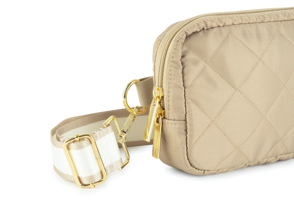Haute Shore LTD Amy Belt Bag - Amy Buff - Beige Quilted Nylon/White and Beige Stripped Strap available at The Good Life Boutique