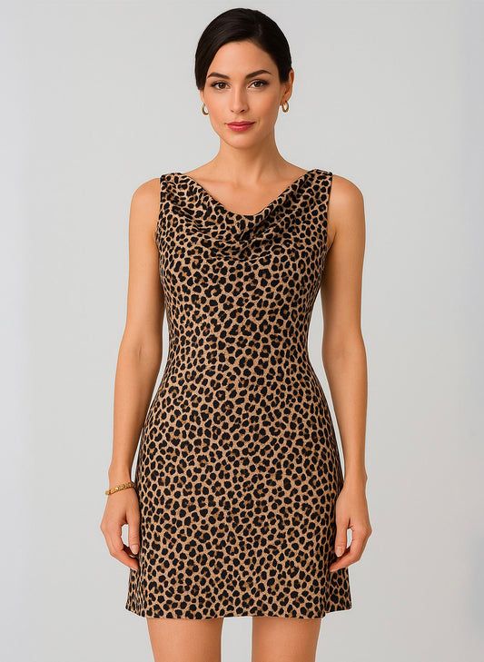 Animal Print Cowl Neck Fit&Flare Dress - Taupe Combo
