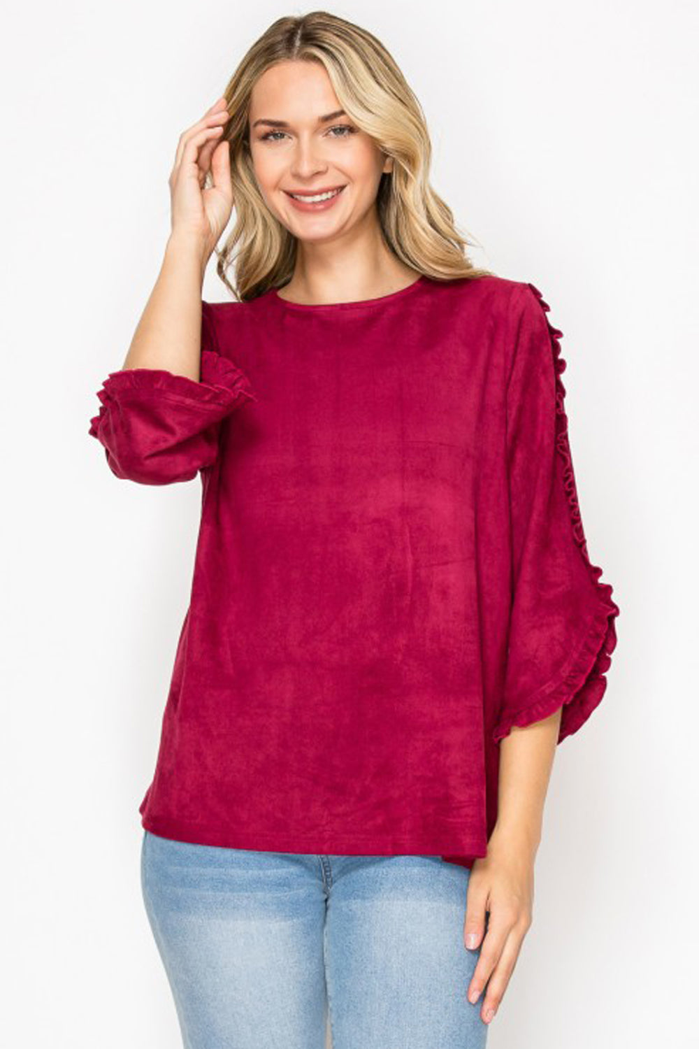 Arabella Ruffled Sleeve Suede Top - Wine