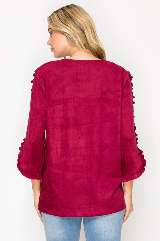 Arabella Ruffled Sleeve Suede Top - Wine