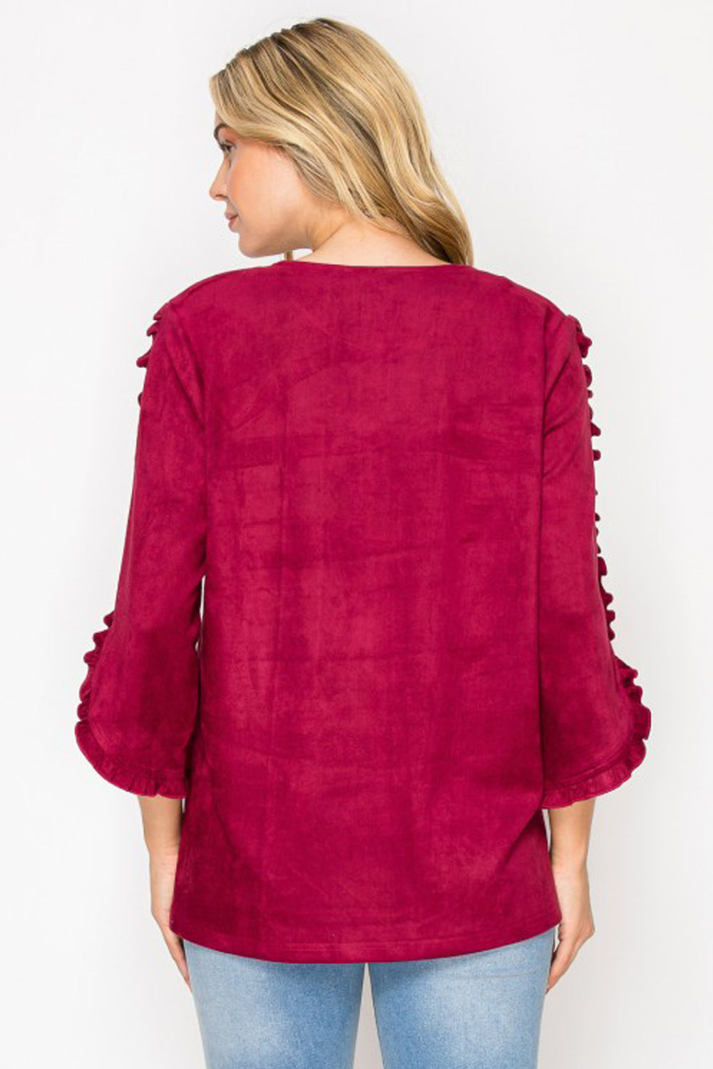Arabella Ruffled Sleeve Suede Top - Wine
