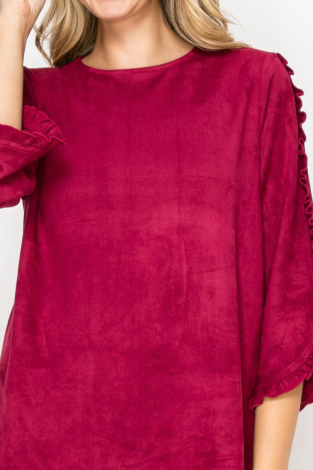 Arabella Ruffled Sleeve Suede Top - Wine
