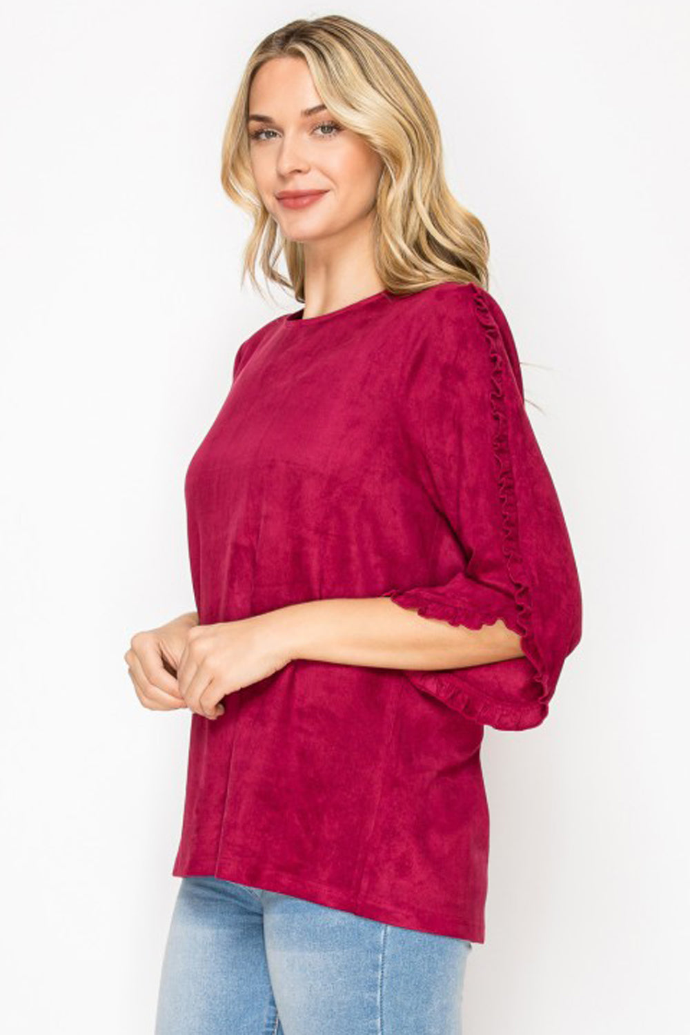 Arabella Ruffled Sleeve Suede Top - Wine