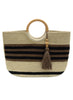 Joy Accessories Black+Brown Striped Teagan Wood Handle Jute Tote w/Tassel available at The Good Life Boutique