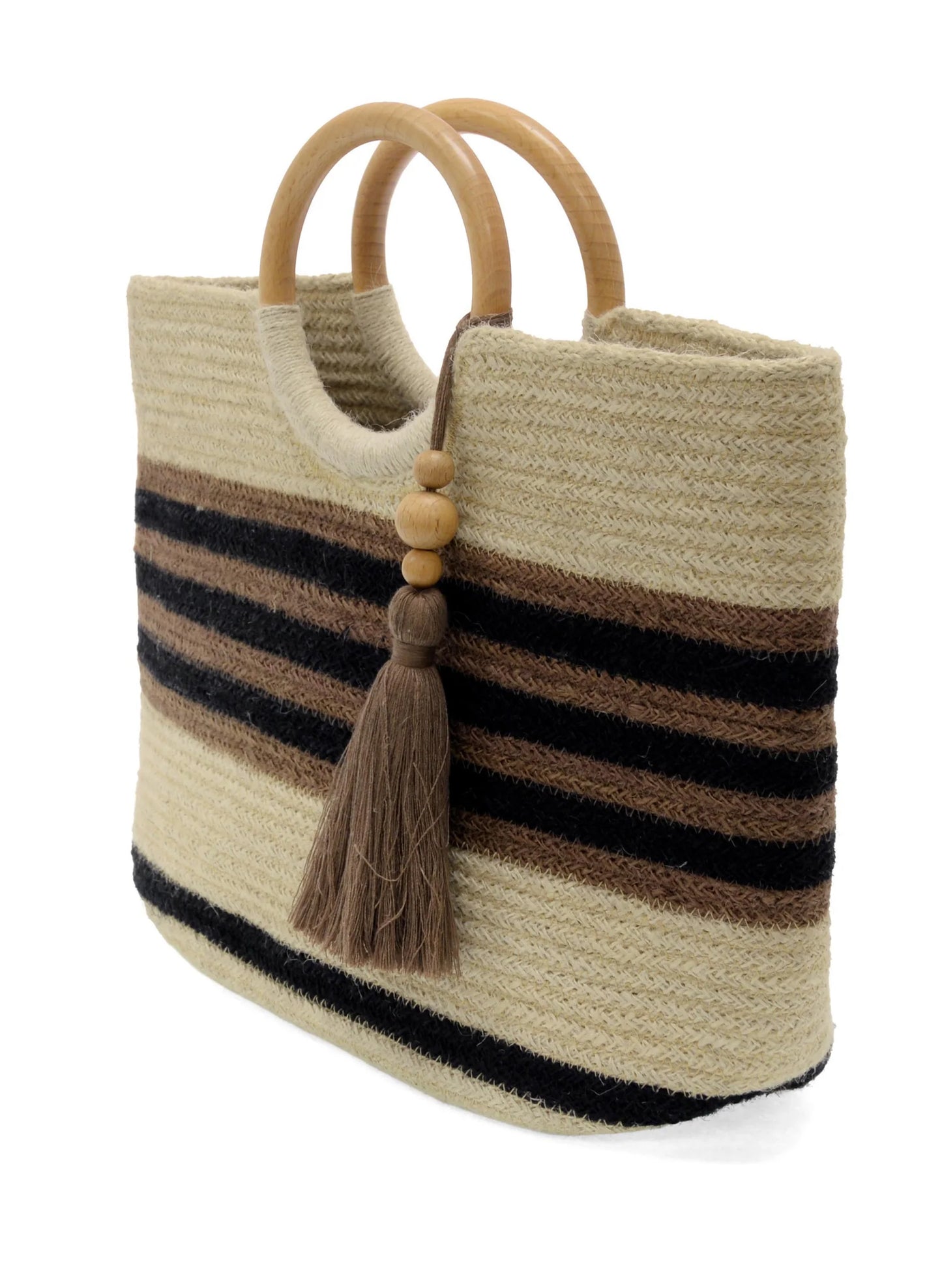 Joy Accessories Black+Brown Striped Teagan Wood Handle Jute Tote w/Tassel available at The Good Life Boutique