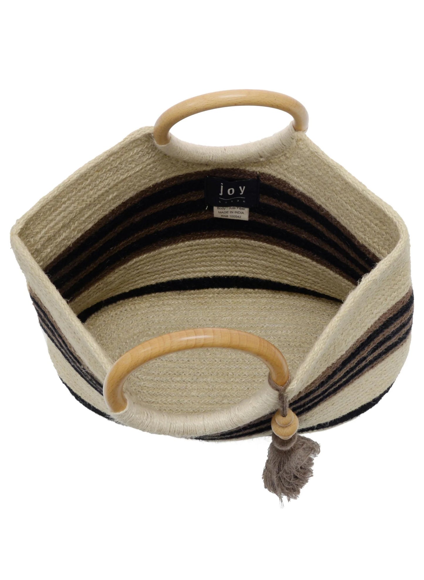 Joy Accessories Black+Brown Striped Teagan Wood Handle Jute Tote w/Tassel available at The Good Life Boutique