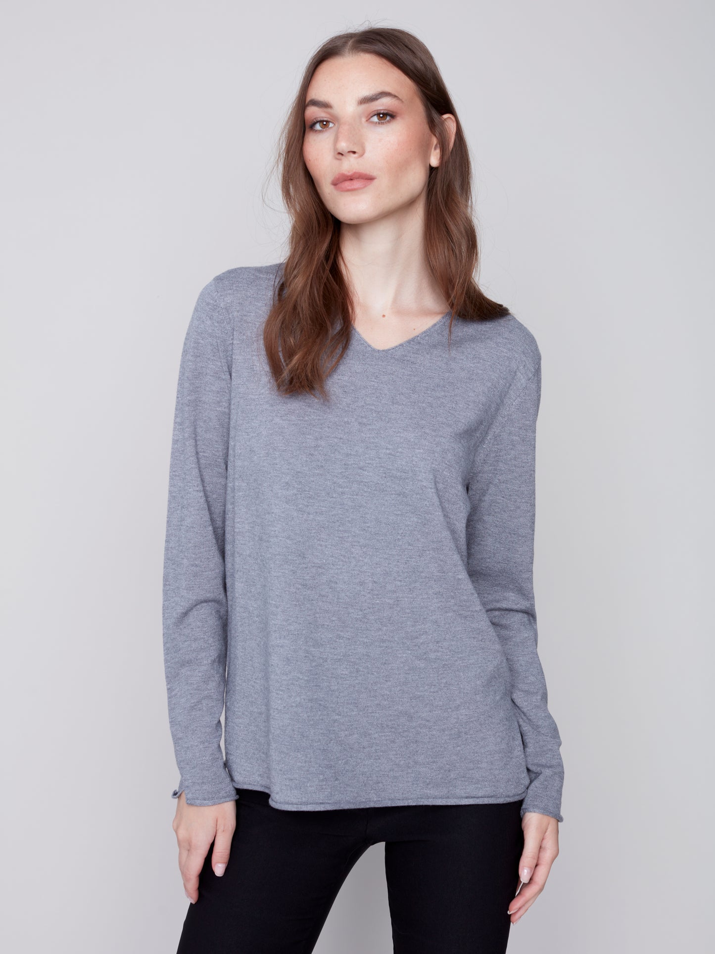 Charlie B Charlie B - V-Neck Sweater - Grey available at The Good Life Boutique