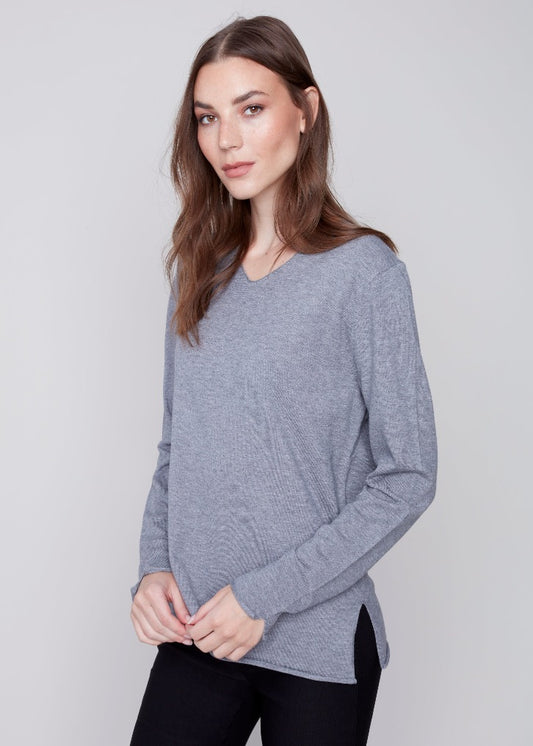 Charlie B Charlie B - V-Neck Sweater - Grey available at The Good Life Boutique