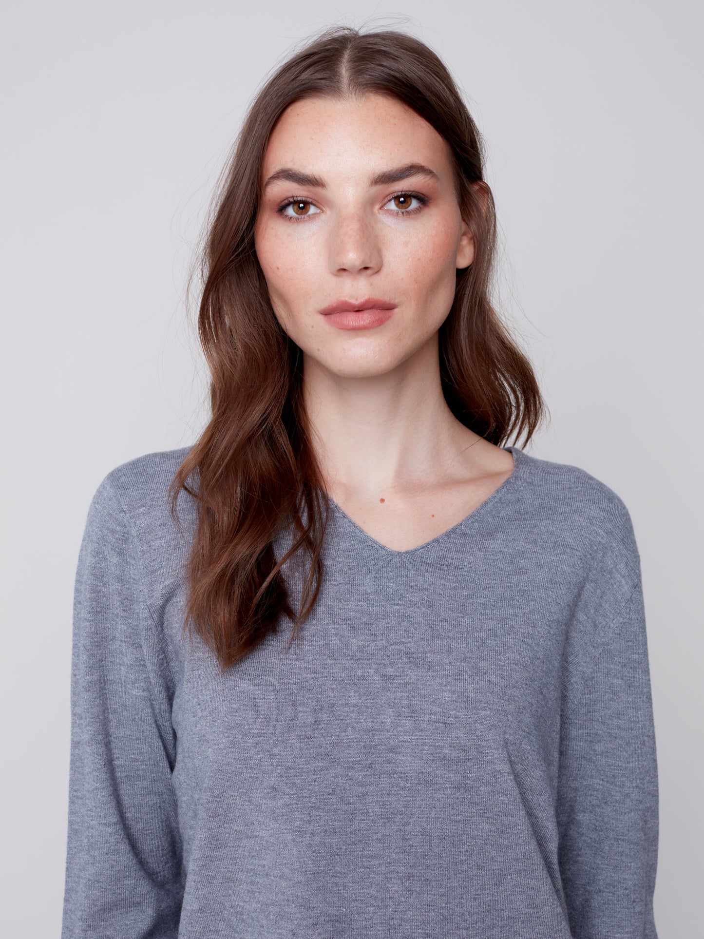 Charlie B Charlie B - V-Neck Sweater - Grey available at The Good Life Boutique