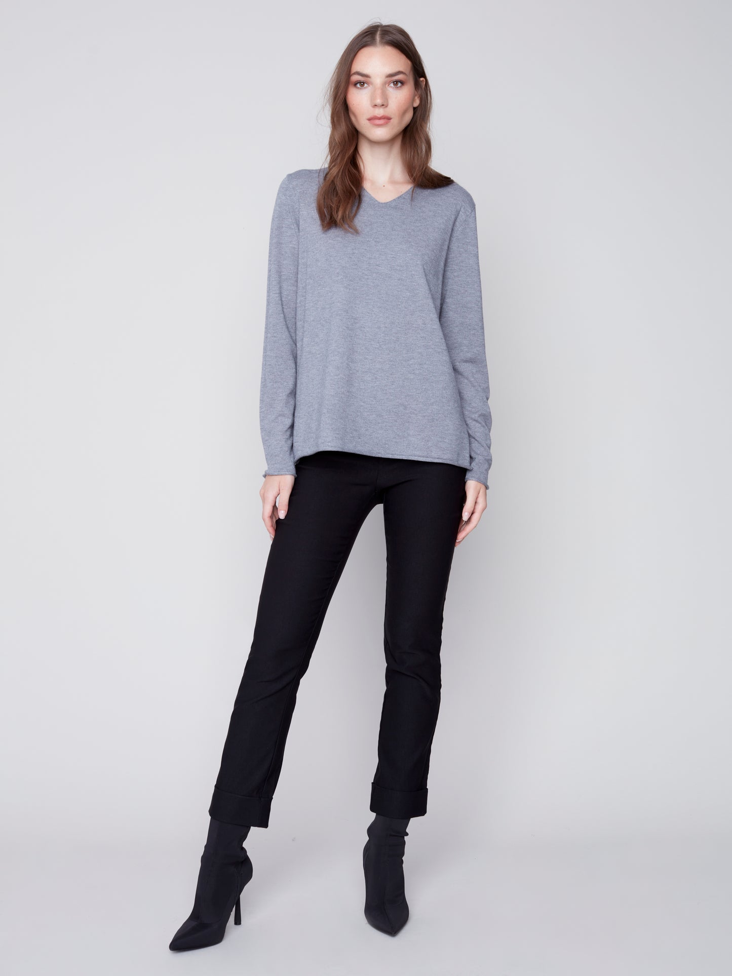 Charlie B Charlie B - V-Neck Sweater - Grey available at The Good Life Boutique