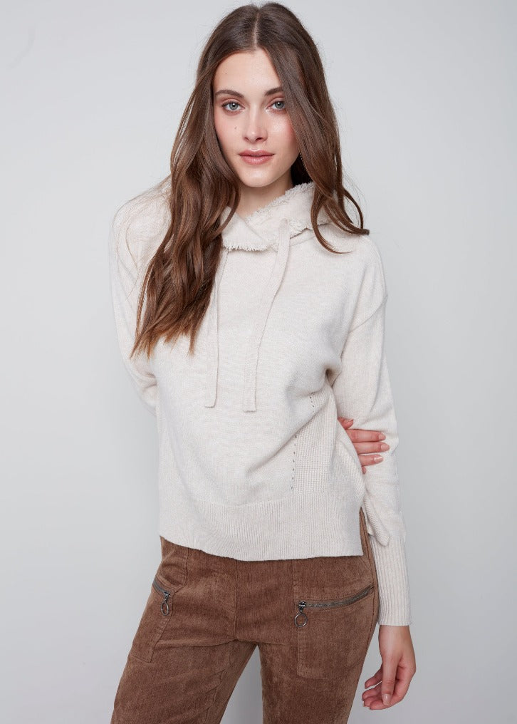 Charlie B Charlie B - Hooded Ribbed Side Detail Sweater - H-Almond available at The Good Life Boutique