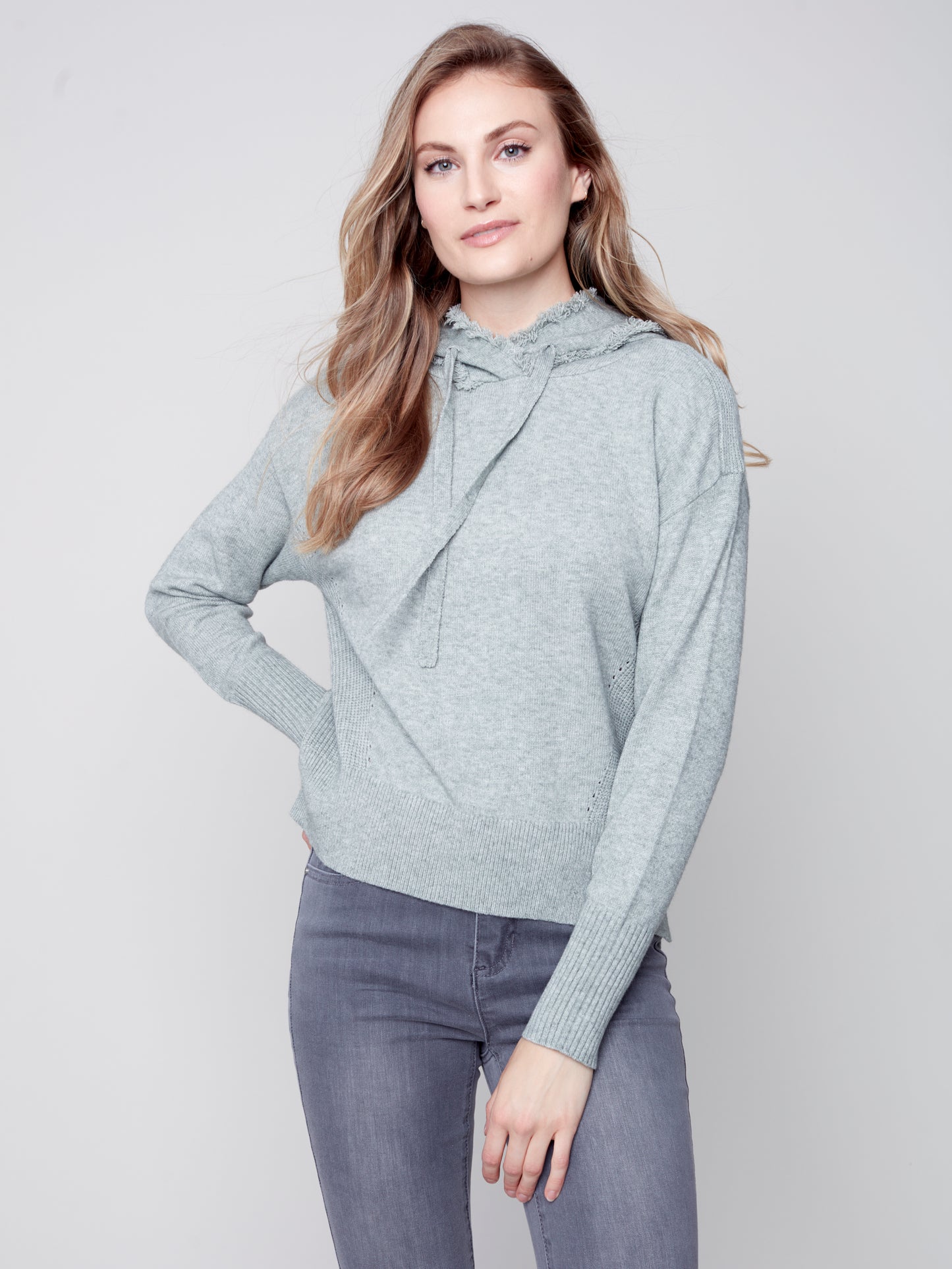 Charlie B Charlie B - Hooded Ribbed Side Detail Sweater - H-Denim available at The Good Life Boutique