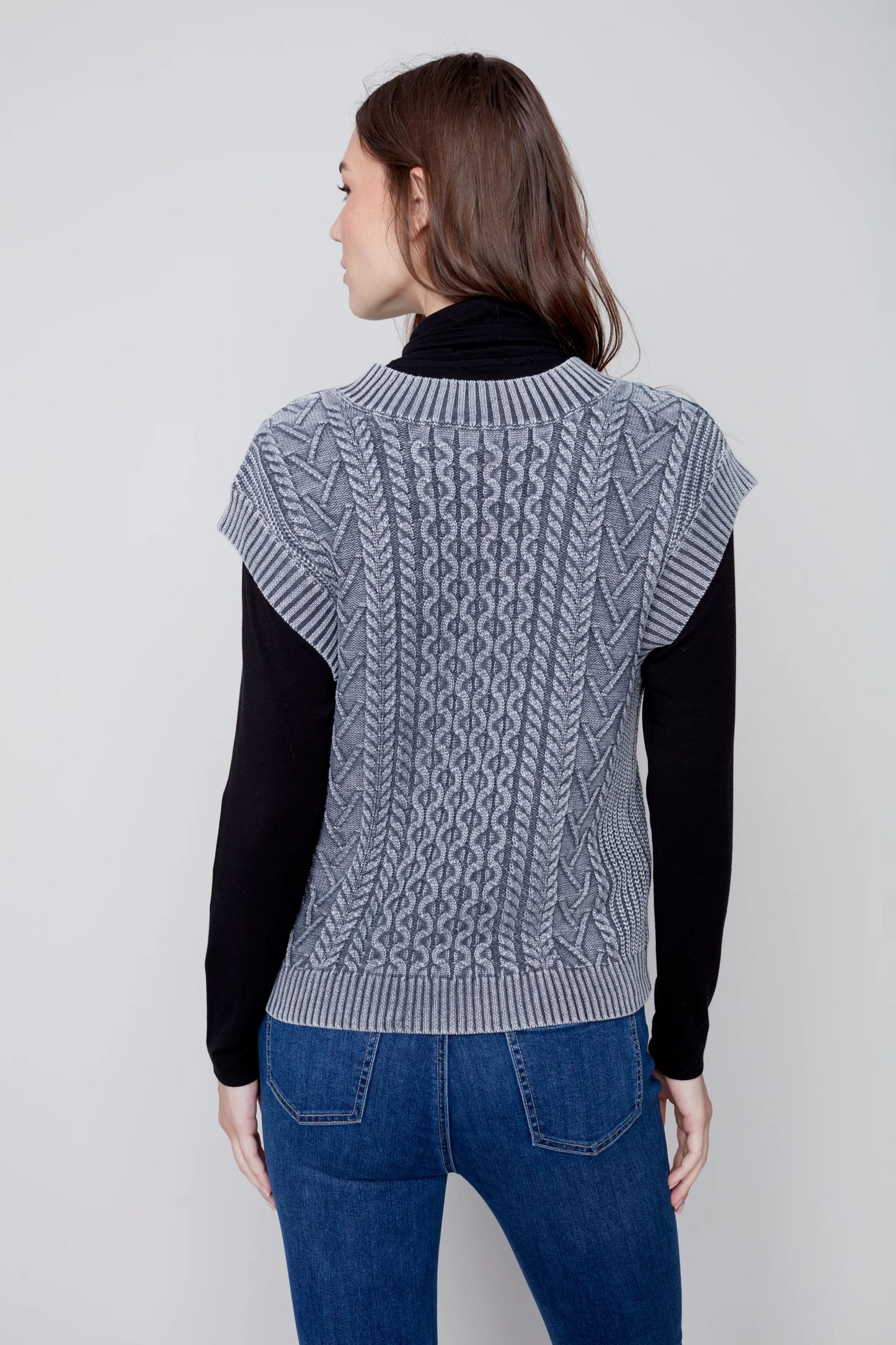 Charlie B Charlie B - V-Neck Cold-Dye Cable Knit Sleeveless Vest - Charcoal available at The Good Life Boutique